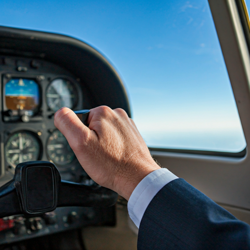 Pilot hand on yoke in a Cessna cockpit with sky visible through the window